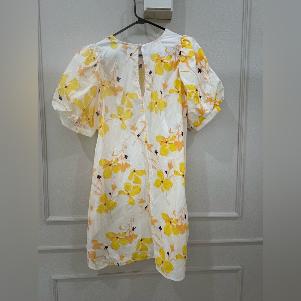 NWT A New Day Yellow White Floral Spring Cotton Puff Sleeve Mini Dress Size L - Picture 4 of 6